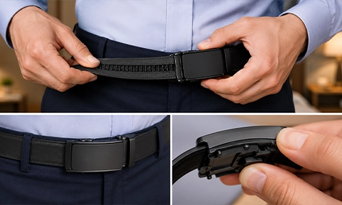 No-hole ratchet belt with hidden track and release lever on the buckle for adjustable fit.