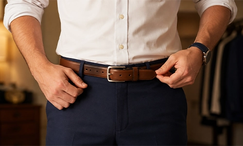 Man’s leather belt threaded left to right through loops with buckle aligned on the gig-line.