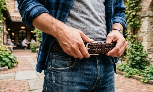 Braided woven belt with prong threaded through the woven body for a customizable waist fit.