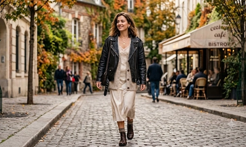 Oversized leather jacket layered over a grunge-inspired outfit 