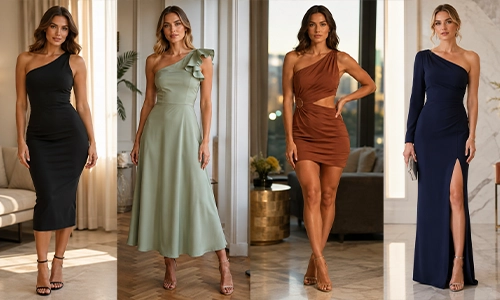 Styled flat-lay of different one-shoulder silhouettes mapped to body shapes — guide to one-shoulder silhouettes by body shape