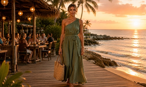 Linen one-shoulder maxi with raffia tote and flat slides at sunset — resort and casual styling