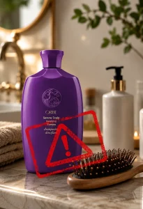 Oribe shampoo bottle displayed as part of a luxury haircare routine.