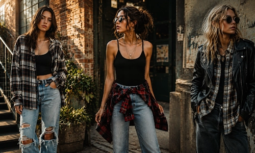 Oversized flannel shirt styled as part of a modern grunge outfit 