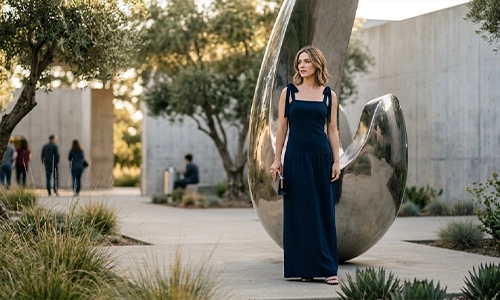 Runway model wearing a modern tie strap dress with a sharp silhouette 