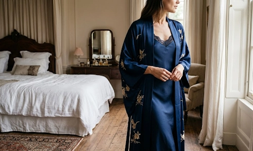 Silk kimono bathrobe styled over a slip dress for a luxury lounge look