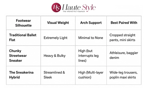 A footwear comparison chart showing the differences between traditional ballet flats, chunky sneakers, and sneakerinas.