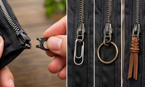 Temporary zipper pull fix using a paperclip on a jacket.