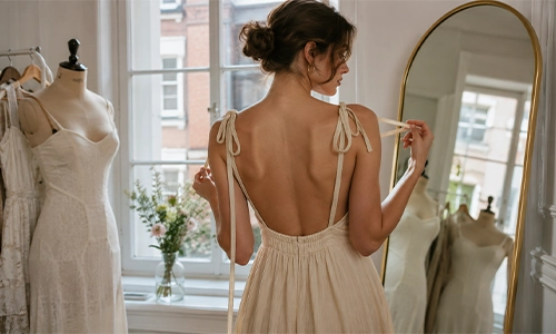 Close-up of tie straps knotted at the shoulders of a dress 