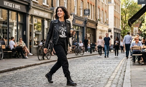 Weekend street style outfit featuring a vintage tee, faux leather jacket, cargo trousers, and combat boots 