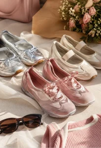 A close-up of pink satin sneakerina shoes showing the hybrid ballet flat upper and athletic trainer sole