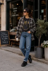 Understand what a grunge style outfit idea featuring an oversized flannel shirt, vintage graphic tee, distressed denim, and chunky boots