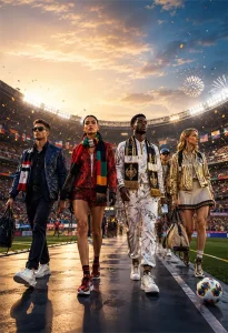 Fashion-forward World Cup outfit with sporty and luxury style elements.