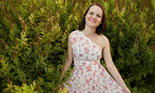 Romantic calico gown with a flowing floral silhouette