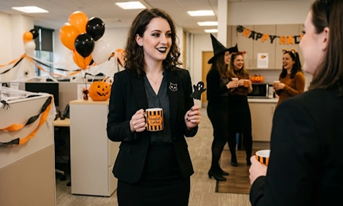 woman wearing a professional black outfit with a black lipstick