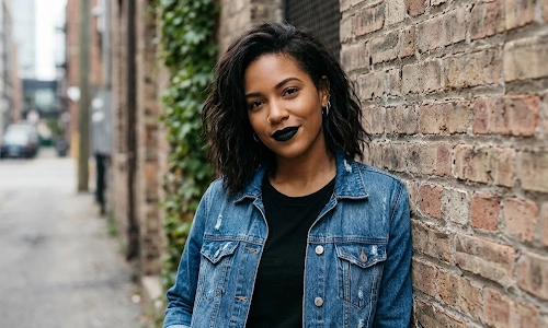 woman wearing a blue denim jacket and black lipstick