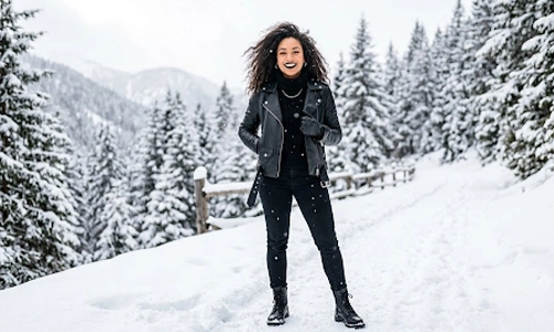 woman wearing leather jacket in snowy winter wearing a bold black lipstick