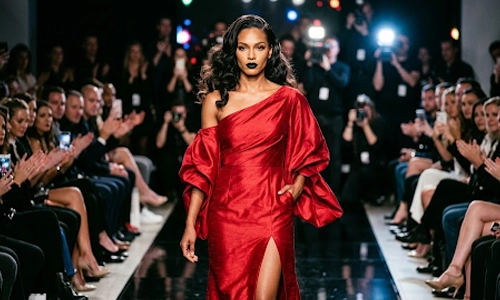 woman wearing a red outfit and black lipstick and walking the ramp