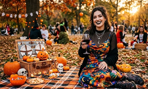 woman wearing colourful slip dress for a Hallloween picnic and adorning a black lipstick