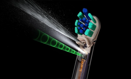 Dyson’s conical jet uses a unique broad conical shaped spray to remove plaque at once while being gentler on gums and enamel