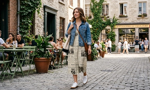 white sneakers and denim jacket with newspaper dress